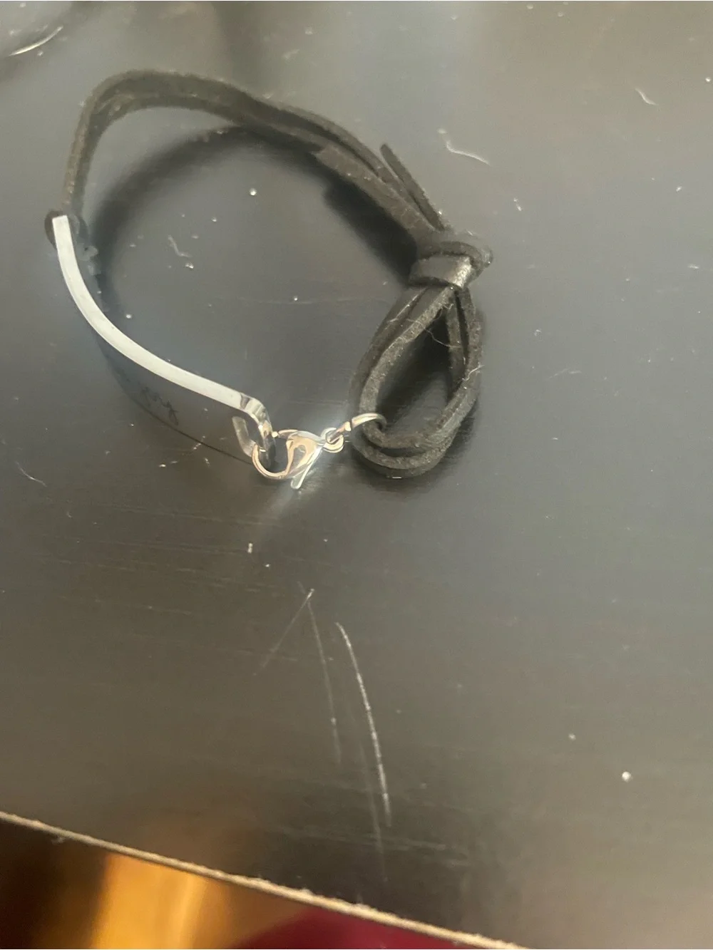 Choose Joy Engraved Silver Plate Bracelet - leather Black Strap